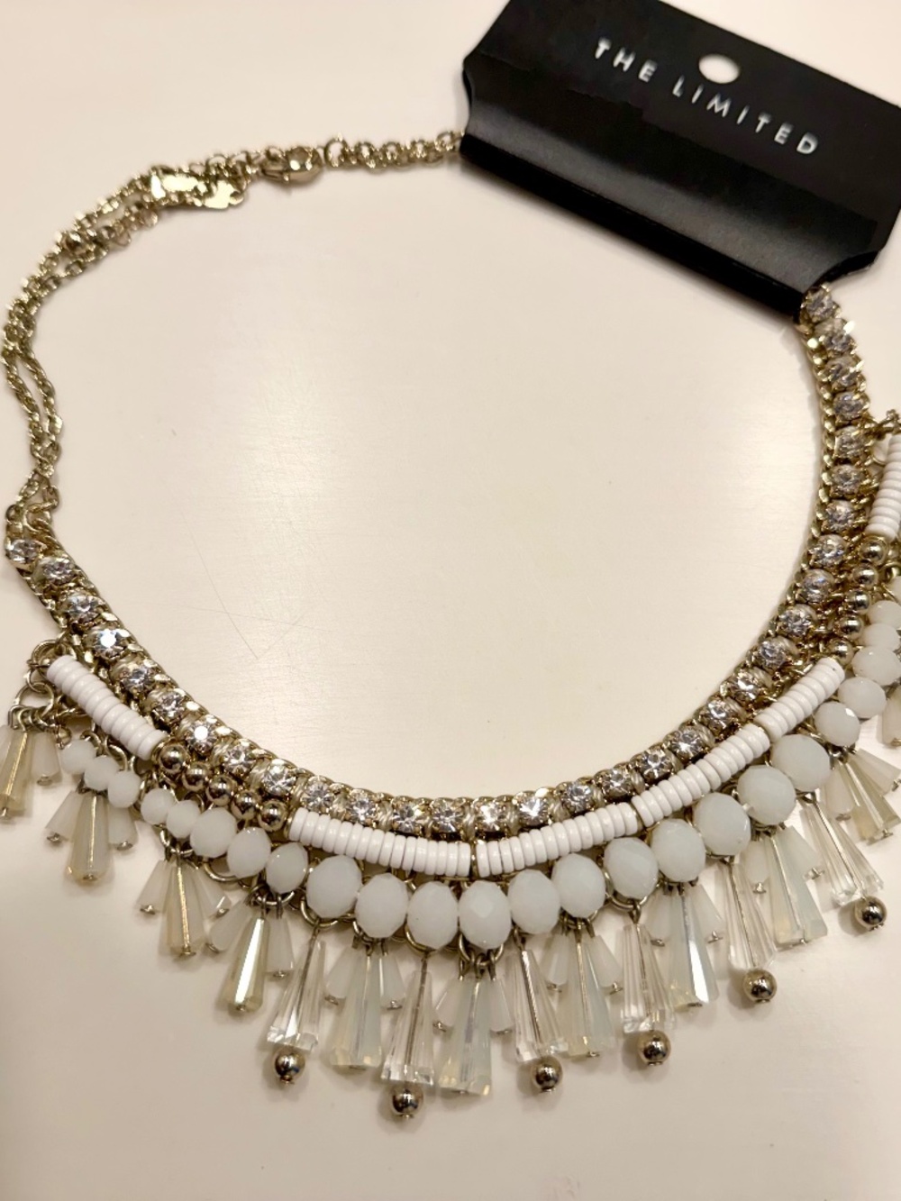 NWT Gold Tone Rhinestone White Bead Spike Statement Collar Necklace